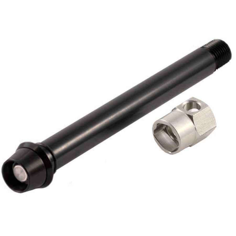Pitlock Set 18 Fox 146mm 15mm Steckachse schwarz mit silberner Pitlock Mutter.
