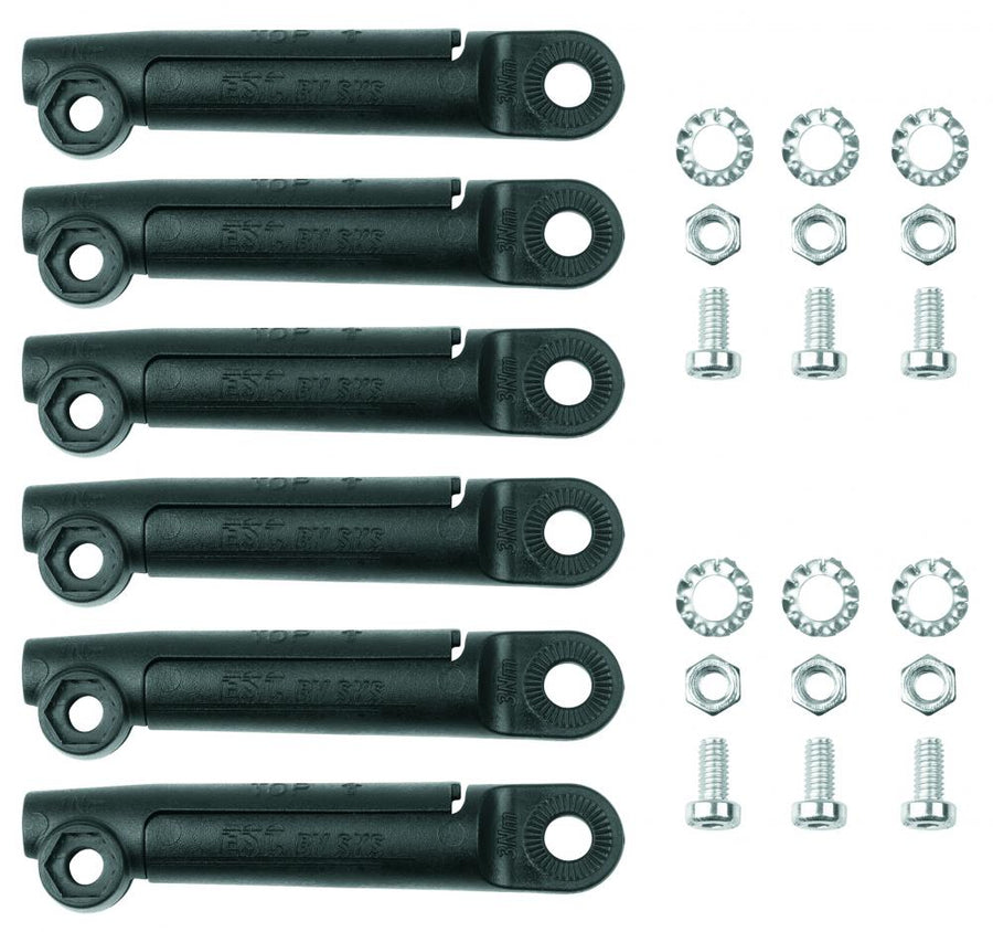 Sechs schwarze SKS ESC-Vario-Stecker für 4,5 mm Schutzblechstreben mit Schrauben, Muttern und Fächerscheiben.