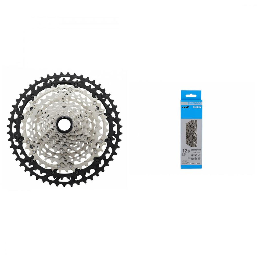 Shimano DEORE XT CS-M8100 12-fach Kassette und Shimano CN-M9100 12s Kette für präzises Mountainbike-Schalten.