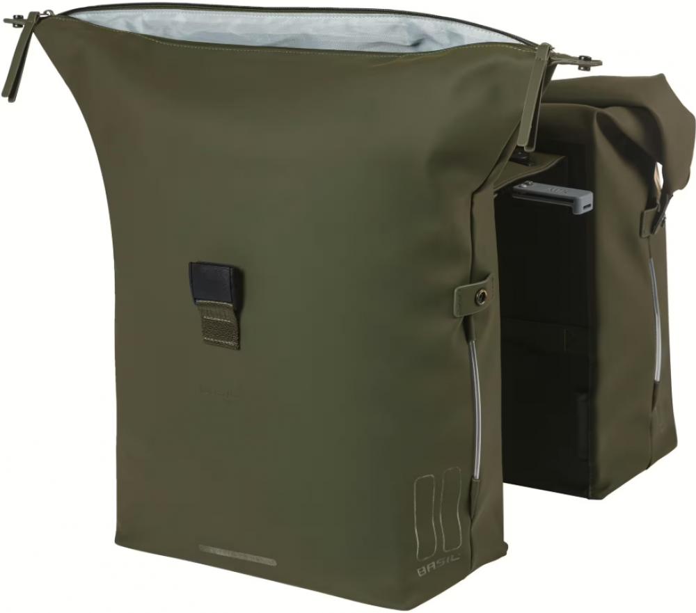 Olivgrüne Basil Soho Nordlicht MIK 2.0 Doppeltasche 41L, wasserdichtes Rolltop, LED-Beleuchtung, MIK-Adapter.