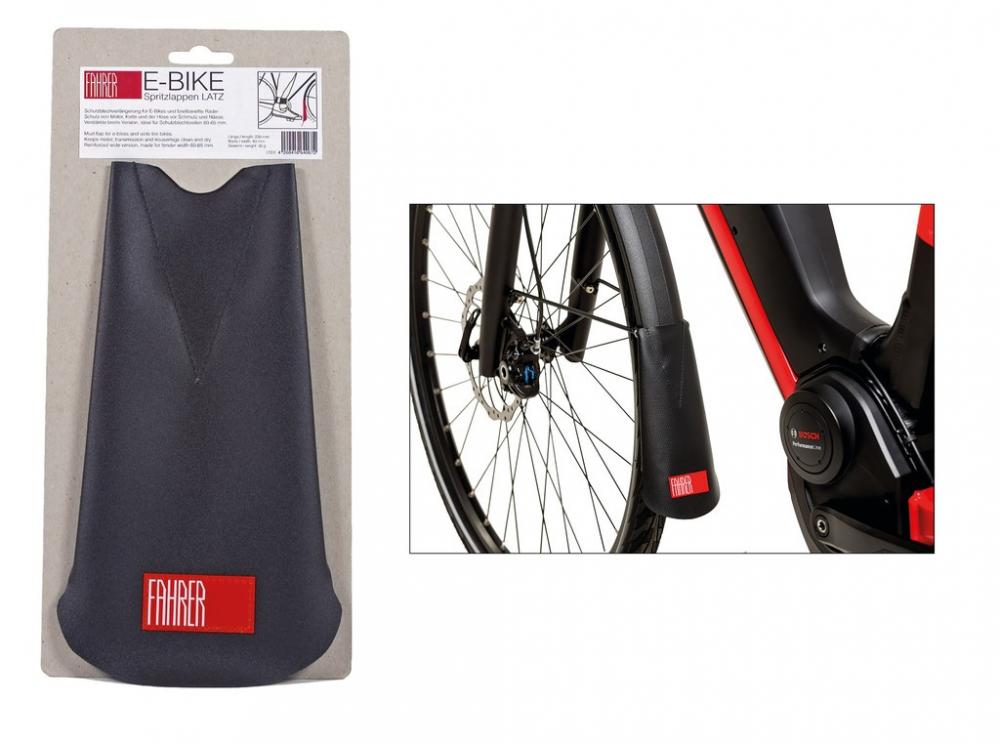 Spritzlappen Latz E-Bike Fahrer schwarz 22x12 cm schützt Motor und Fahrer vor Schmutz und Wasser.