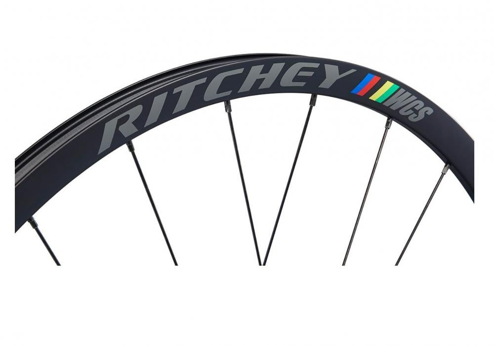 Ritchey WCS Zeta Disc Laufradsatz 700C schwarz, Tubeless Ready, mit farbigem WCS Logo und Speichen.