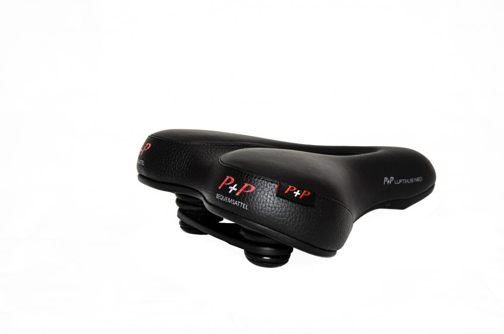 Schwarzer P&P Luftikus Neo Bequemsattel, ergonomischer Fahrradsattel mit Luftkammer für City- und Trekkingräder.