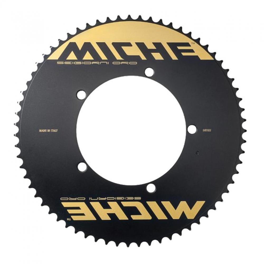 Miche Kettenblatt Seigiorni Oro 64Z schwarz, 1/8", BCD 144mm, mit goldener Schrift und Logo.