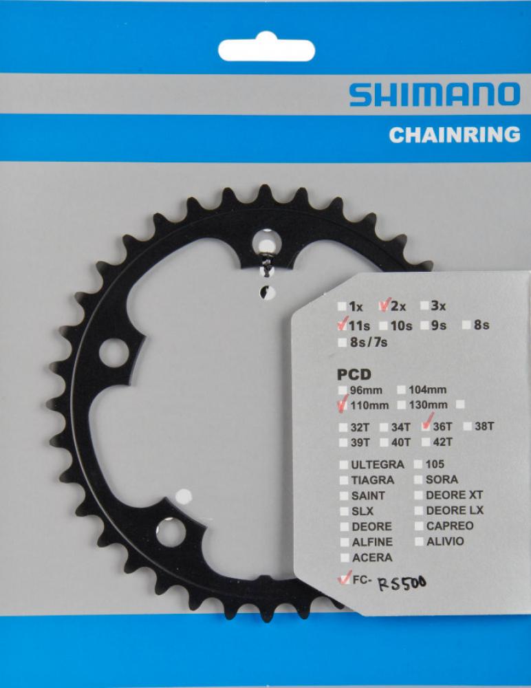 SHIMANO Kettenblatt FC-RS500 36Z schwarz für präzisen Antrieb und kompakte Übersetzungen.