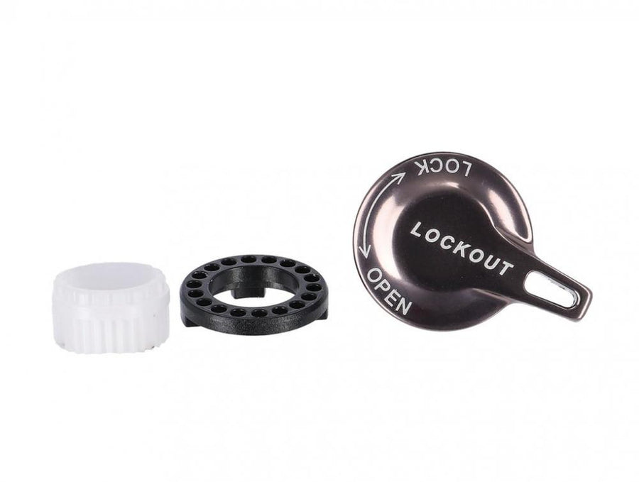 SR Suntour LOR Einstellkappe für SF20 AION35 EVO Boost Federgabel: Lockout-Drehknopf, schwarzer Adapter und weiße Hülse.
