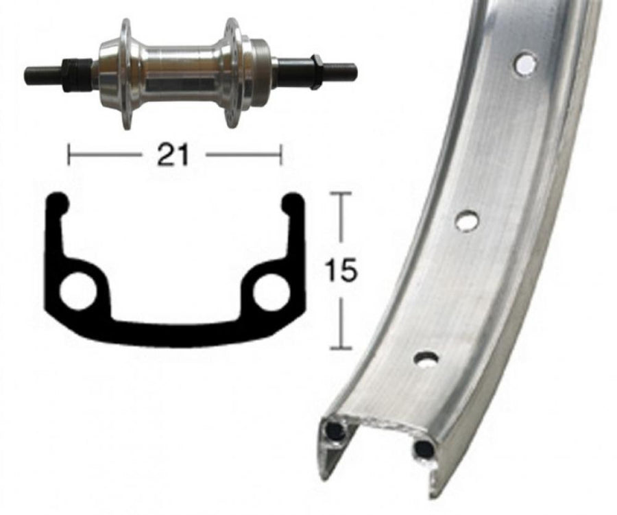 Bike-Parts Hinterrad mit silberner Alunabe und Alu-Kastenfelge (21x15mm Profil).