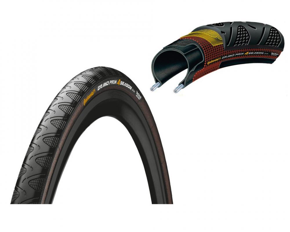 Continental Grand Prix 4-Season Faltreifen 23-622 schwarz mit Profil und Schnittbild der DuraSkin Pannenschutzlagen.