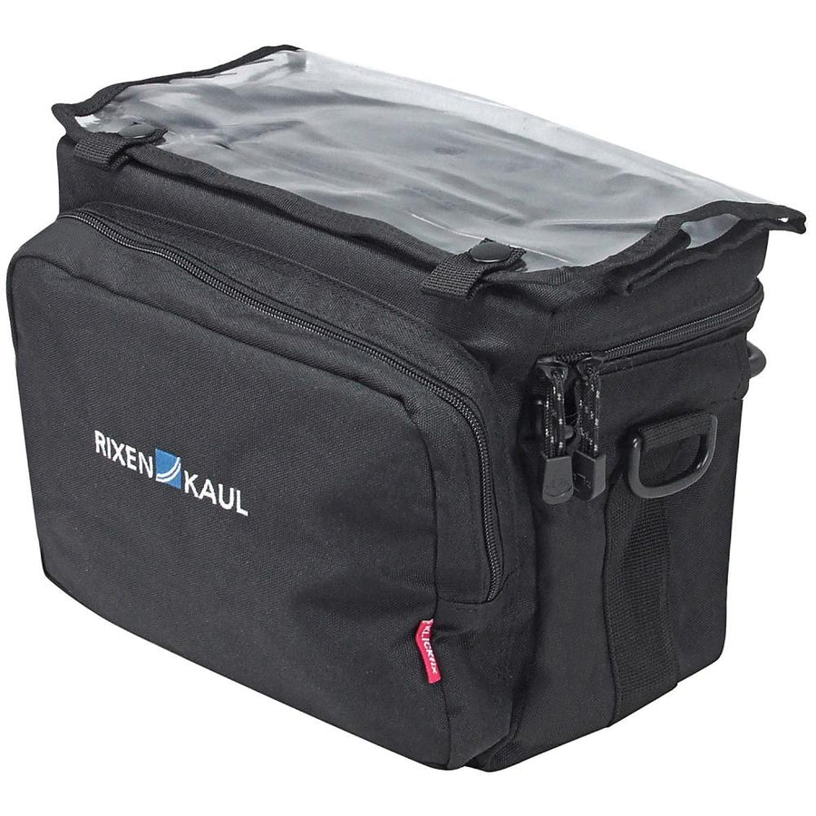 KLICKfix Daypack Lenkertasche schwarz mit transparentem Kartenfach und RIXEN & KAUL Logo.