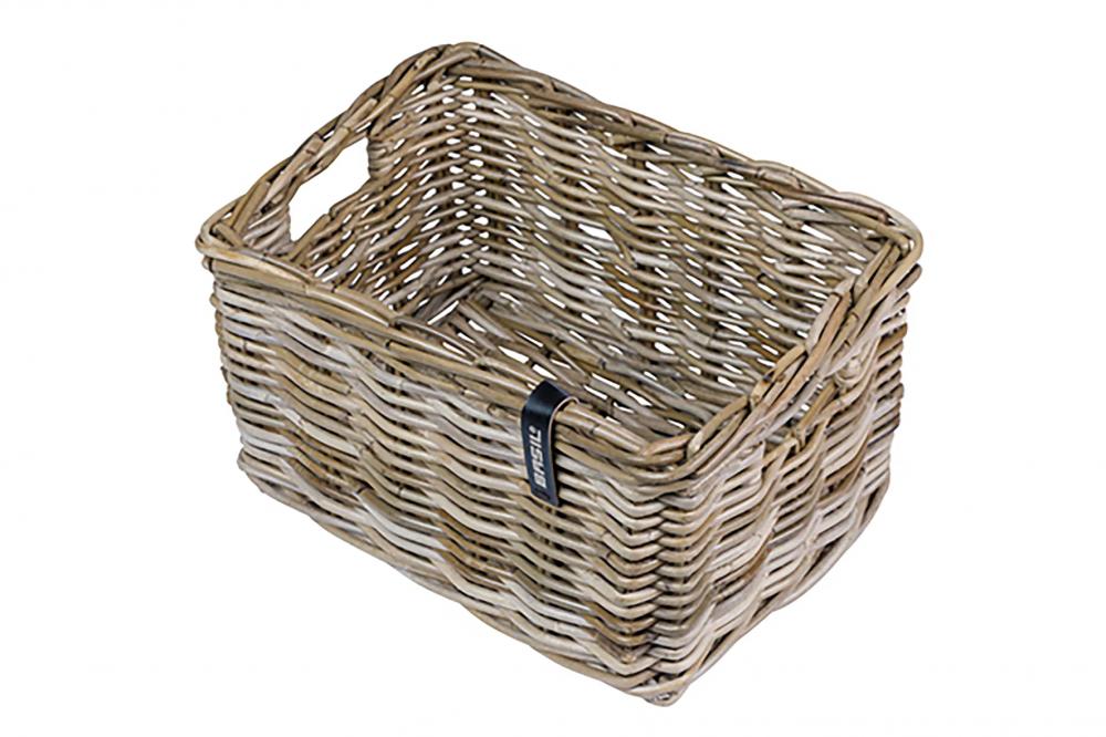 Grauer Basil Dax S Rattan Fahrradkorb, ideal für Transporträder, umweltfreundlich.