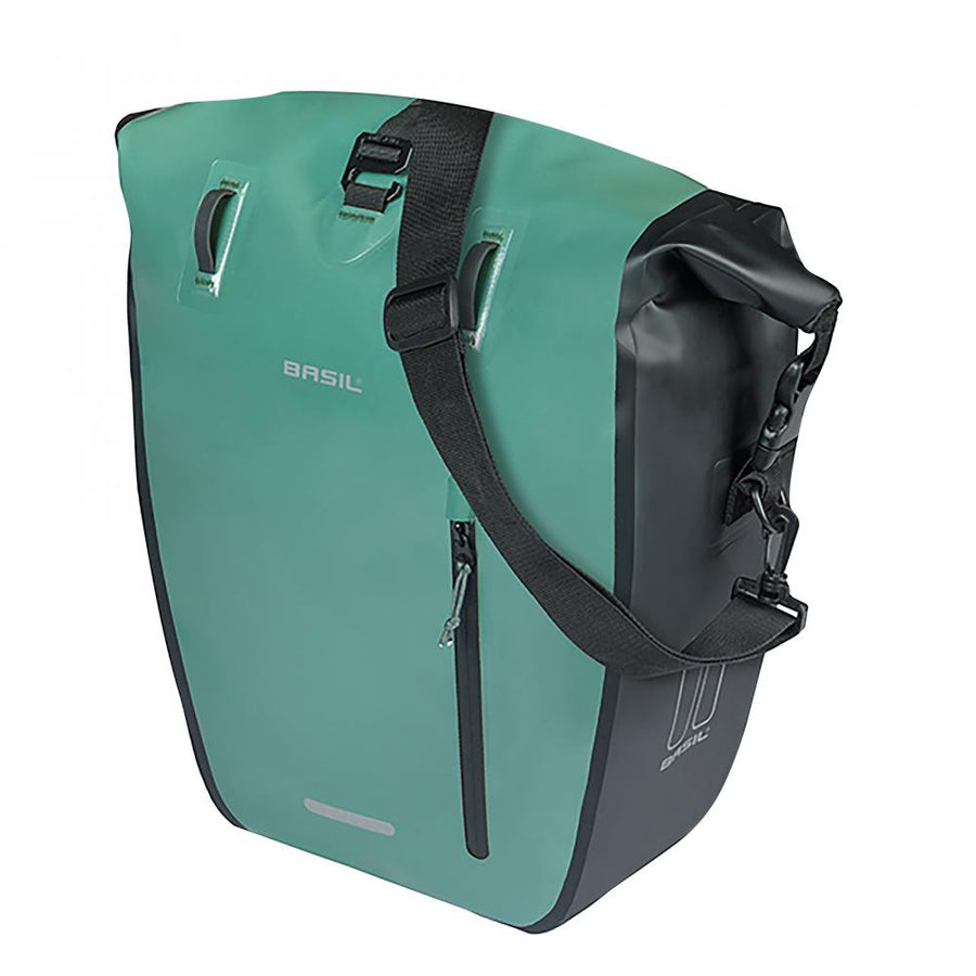 Basil Einzeltasche Rivo L silbergrün/schwarz 25-31L - wasserdichte Fahrradtasche mit MIK Hooks, praktische Fächer, abnehmbar