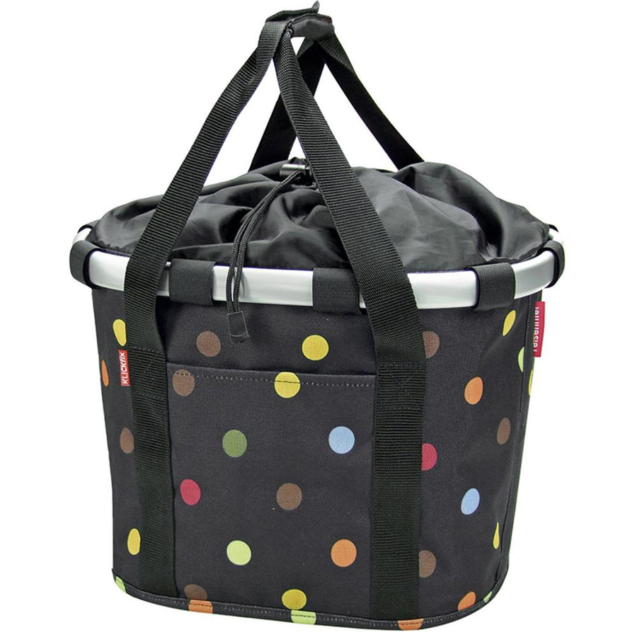 KLICKfix Reisenthel Fahrradkorb Fahrradtasche Bikebasket schwarz mit bunten Punkten und Tragegriffen.