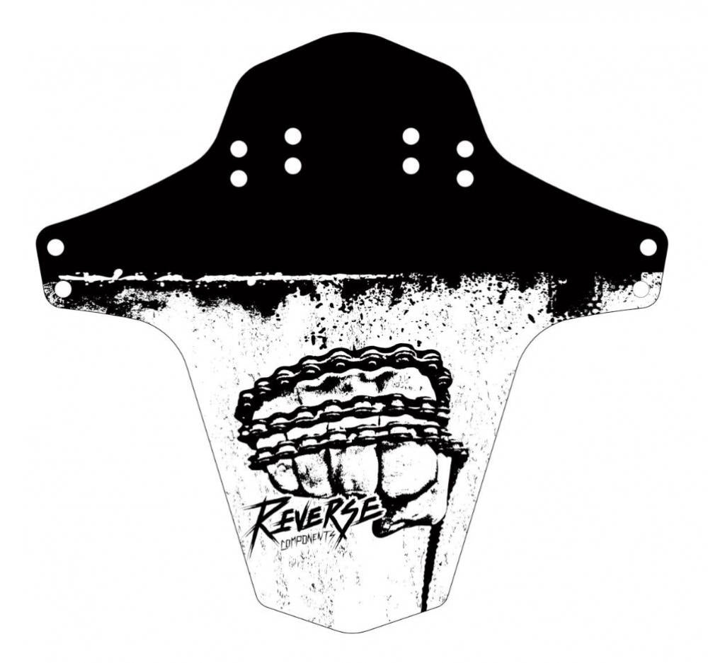 Reverse Components MTB Schutzblech Mudfender in Schwarz-Weiß mit Faust- und Ketten-Grafik, universell montierbar.