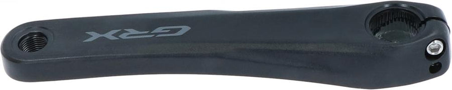 SHIMANO GRX FC-RX600 linker Kurbelarm 175mm dunkelgrau für Fahrrad mit GRX-Logo und Tretlageraufnahme.
