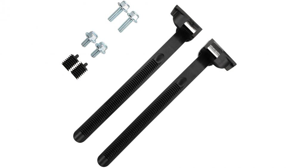 Zwei Trelock Universal-Rahmenschlosshalter ZR 20 aus schwarzem Kunststoff mit Befestigungsschrauben und Einsätzen.