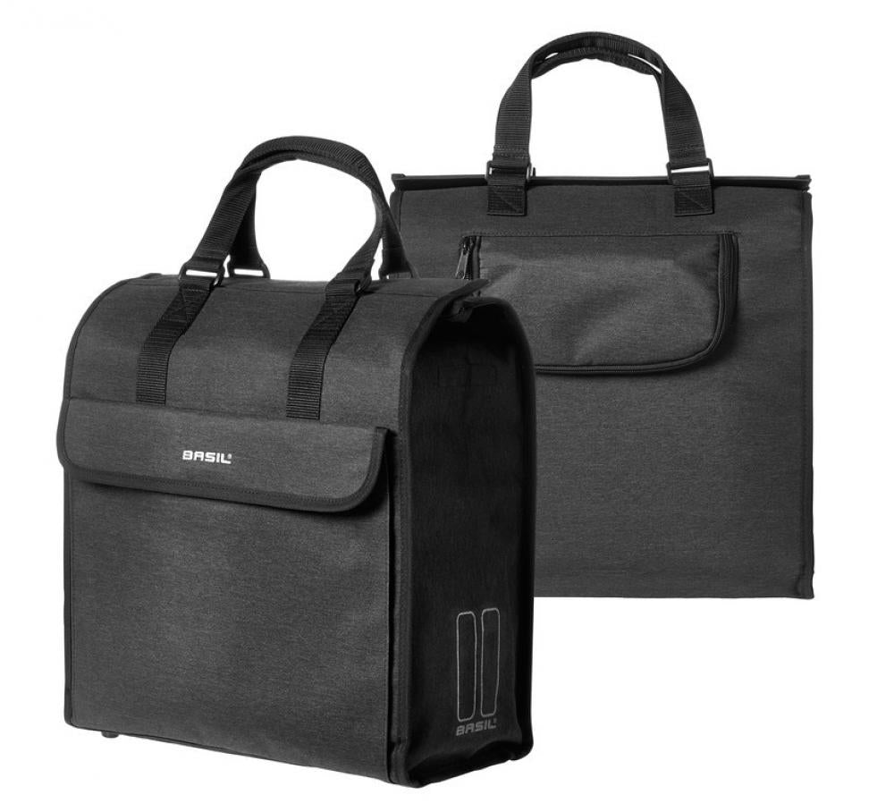 Basil Shoppertasche Mira schwarz, 17l Fahrrad-Einkaufstasche in zwei Ansichten.