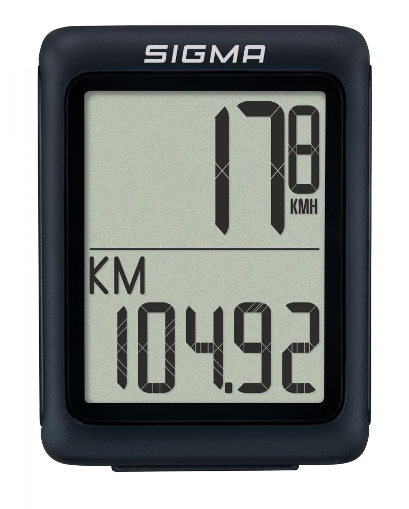 SIGMA SPORT BC 5.0 WR kabelgebundener, wasserdichter Fahrradcomputer zeigt 17.8 KMH und 104.92 KM an.