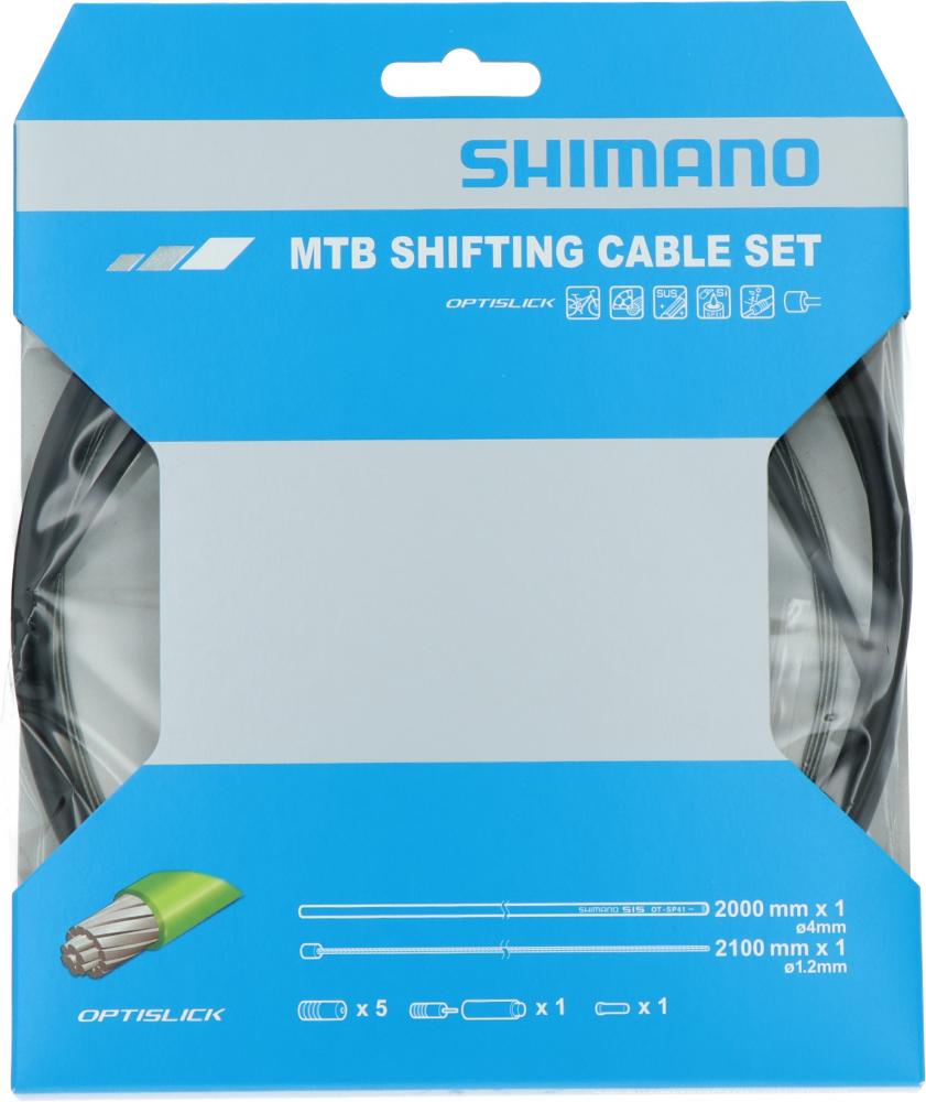 SHIMANO MTB OPTISLICK Schaltzug-Set in Schwarz 2000mm auf blauer Produktverpackung mit Spezifikationen.