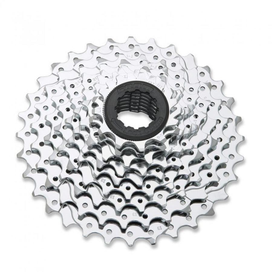 SRAM PG-950 MTB Kassette 11-34 Zähne, silberfarben, mit schwarzem Verschlussring.