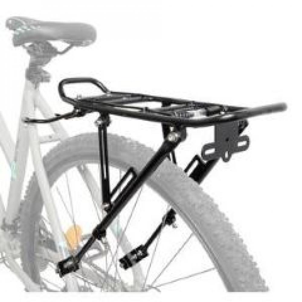 Schwarzer M-WAVE Gepäckträger ONE-4-ALL, verstellbar für 20-29 Zoll, montiert am Hinterrad eines Fahrrads.