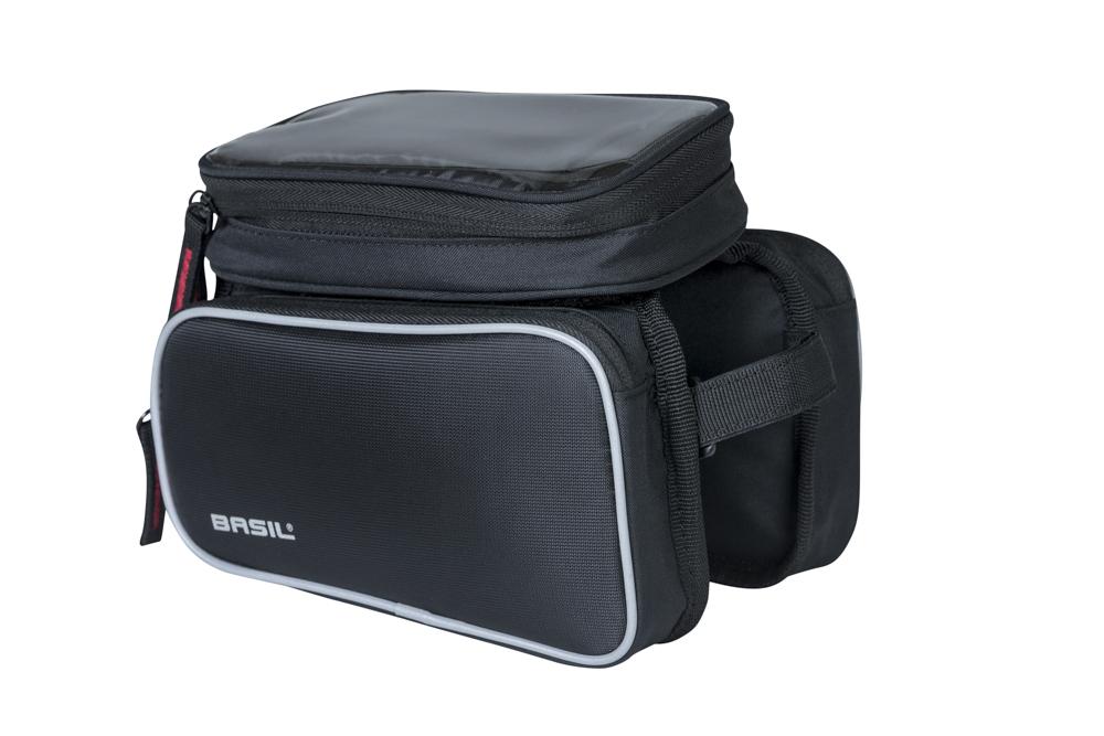 Basil Sport Design Oberrohr-Rahmentasche doppelt - 1,5 Liter, wasserabweisend, Klettbefestigung, Smartphonefach, schwarz
