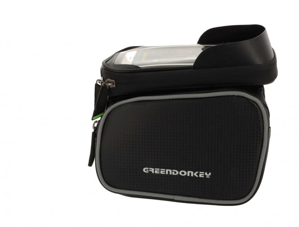 Greendonkey Oberrohrtasche Oskar: Schwarze Fahrradtasche mit Smartphone-Fach und Sonnenblende.