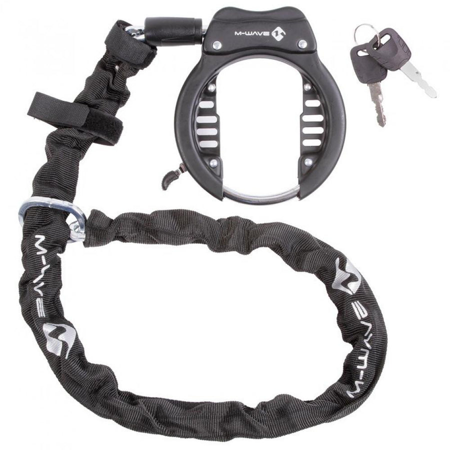Schwarzes M-Wave Rahmenschloss Ringchain XL mit 1000mm Kette und Schlüsseln für Fahrräder.