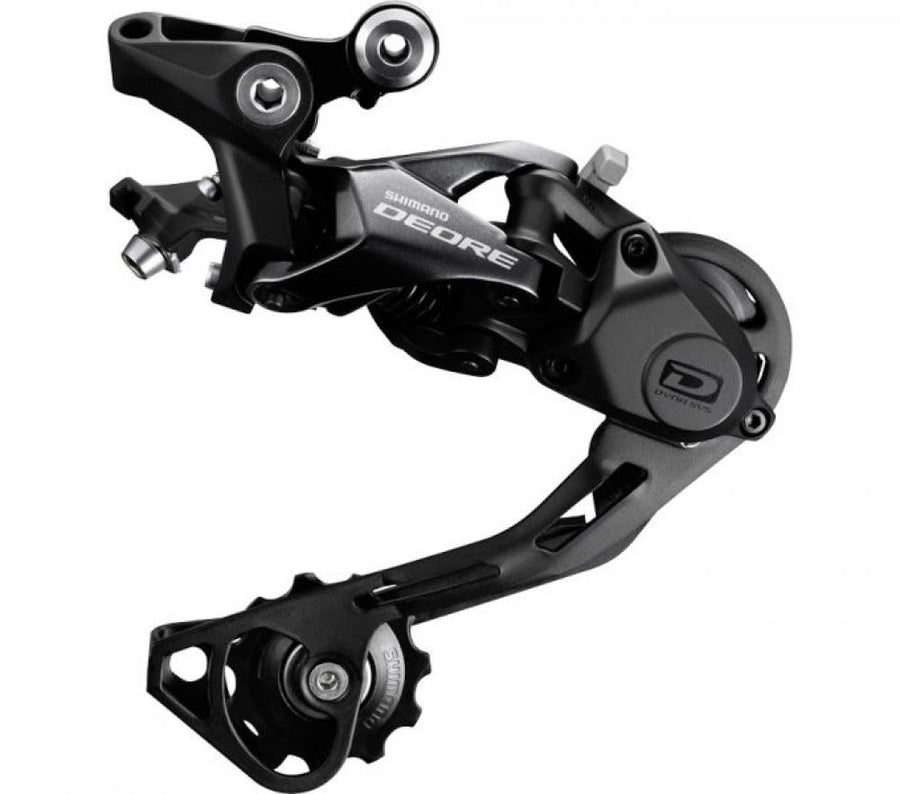Schwarzes Shimano Deore RD-M6000 GS 10-fach Shadow Plus Schaltwerk für präzises MTB-Schalten.