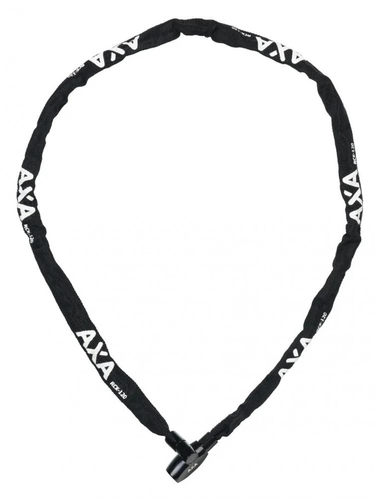 Axa Rigid RCK 120 Kettenschloss schwarz, 120 cm Stahlkette 3,5 mm für Fahrräder auf weißem Hintergrund.