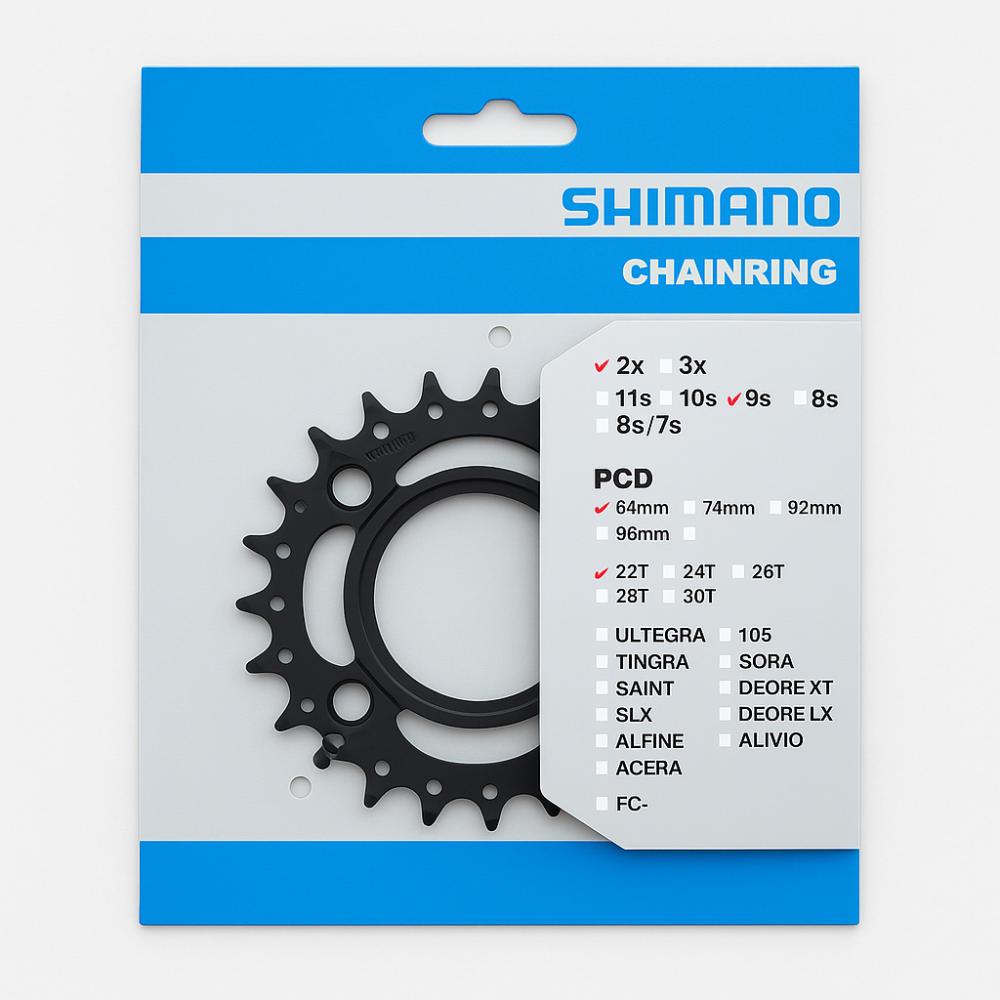 SHIMANO Kettenblatt FC-M3000 22 Zähne 2x9/10-fach, 64mm PCD für präzisen MTB Antrieb.