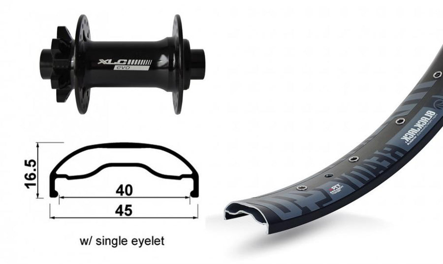 Schwarze XLC Vorderradnabe und Felge mit Querschnittsmaßen für 27.5 Zoll Fahrradrad.