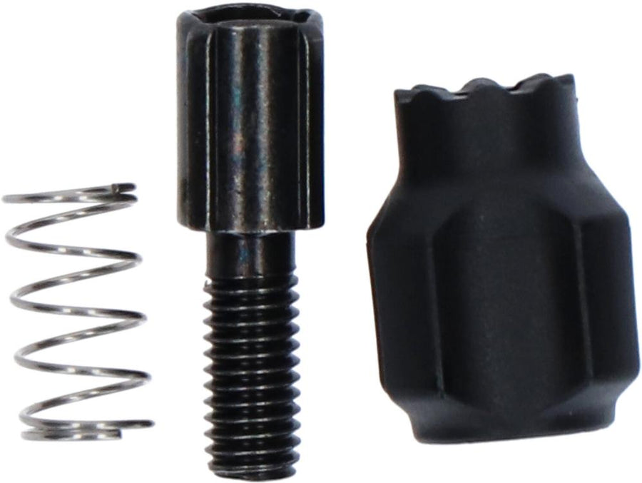 Shimano Einstellschraube Links SL-M660 SL-M591 HR bestehend aus Feder, Gewindebolzen und schwarzem Einstellknopf.