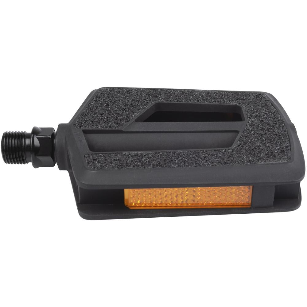 M-WAVE Steady Flat Fahrradpedal schwarz mit Antirutsch-Oberfläche, Boron-Achse und StVZO-Reflektor.
