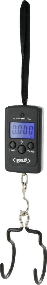 VAR digitale Handwaage DV-71700 Kompaktgröße, schwarz, mit Haken, zeigt 0.000 kg für Fahrräder/Komponenten.