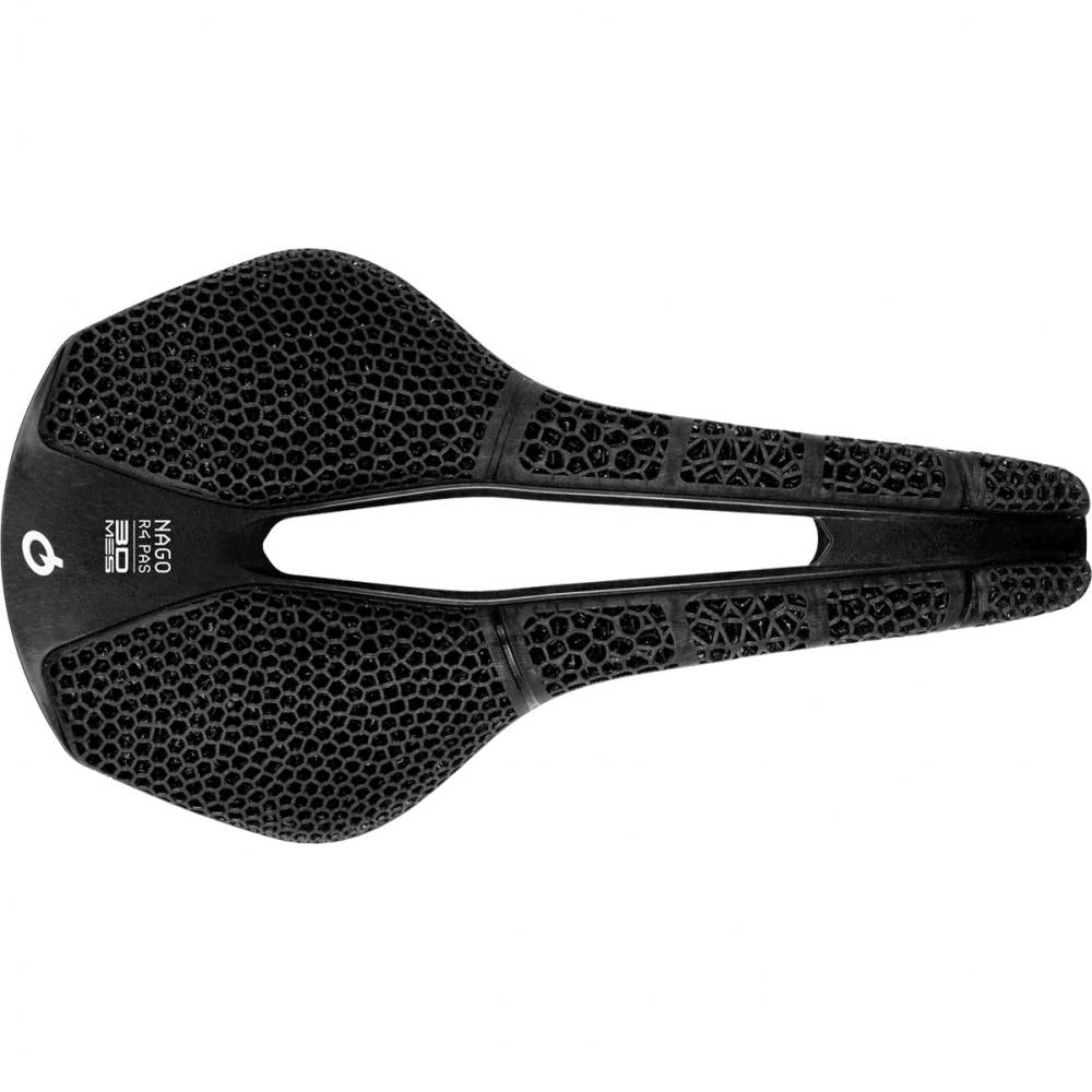 Schwarzer Prologo Nago R4 PAS 3DMSS Fahrradsattel, 159g ultraleicht, Carbon, mit 3D-Gitterstruktur und Aussparung.