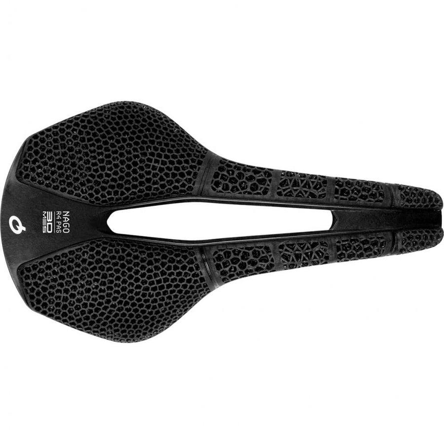 Schwarzer Prologo Nago R4 PAS 3DMSS Fahrradsattel, 159g ultraleicht, Carbon, mit 3D-Gitterstruktur und Aussparung.
