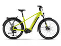 Haibike TREKKING 5 HIGH E-Bike in Limettengrün/Schwarz mit Gepäckträger, Schutzblechen und Federgabel.