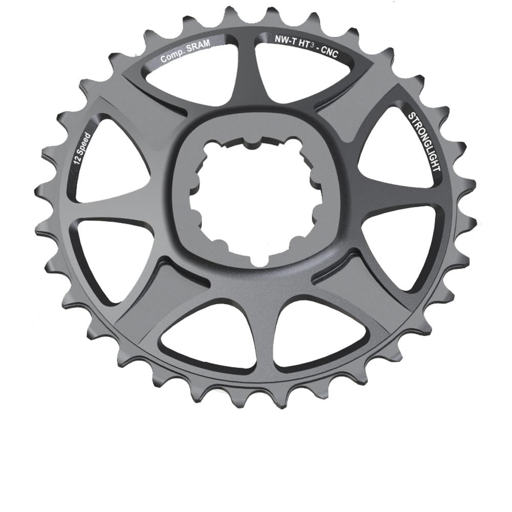 Graues Stronglight MTB Kettenblatt 32Z, Sram 1x12 direct mount mit 6mm Offset und HT³ Technologie.