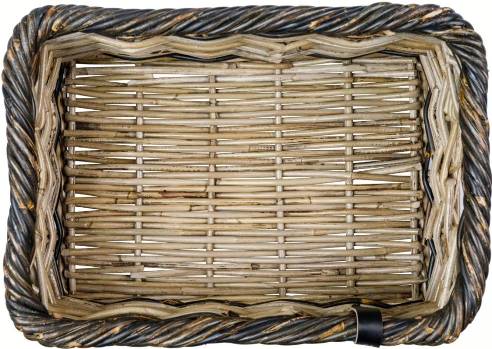 Basil Dijon L Vorderradkorb aus Rattan, handgeflochten, grau-schwarz, leer, von oben.