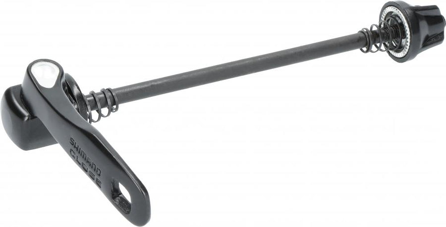SHIMANO Schnellspanner 133 mm WH-R501-F für Fahrrad. Schwarzer Hebel mit SHIMANO CLOSE Aufschrift.