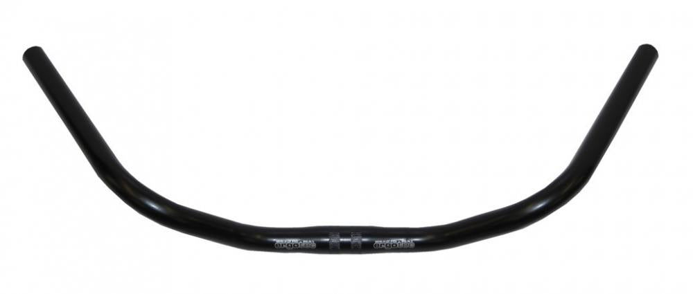 Ergotec Lenkerbügel Country Stahl schwarz 25,4 mm 590 mm 67 Grad für Fahrräder auf weißem Hintergrund.