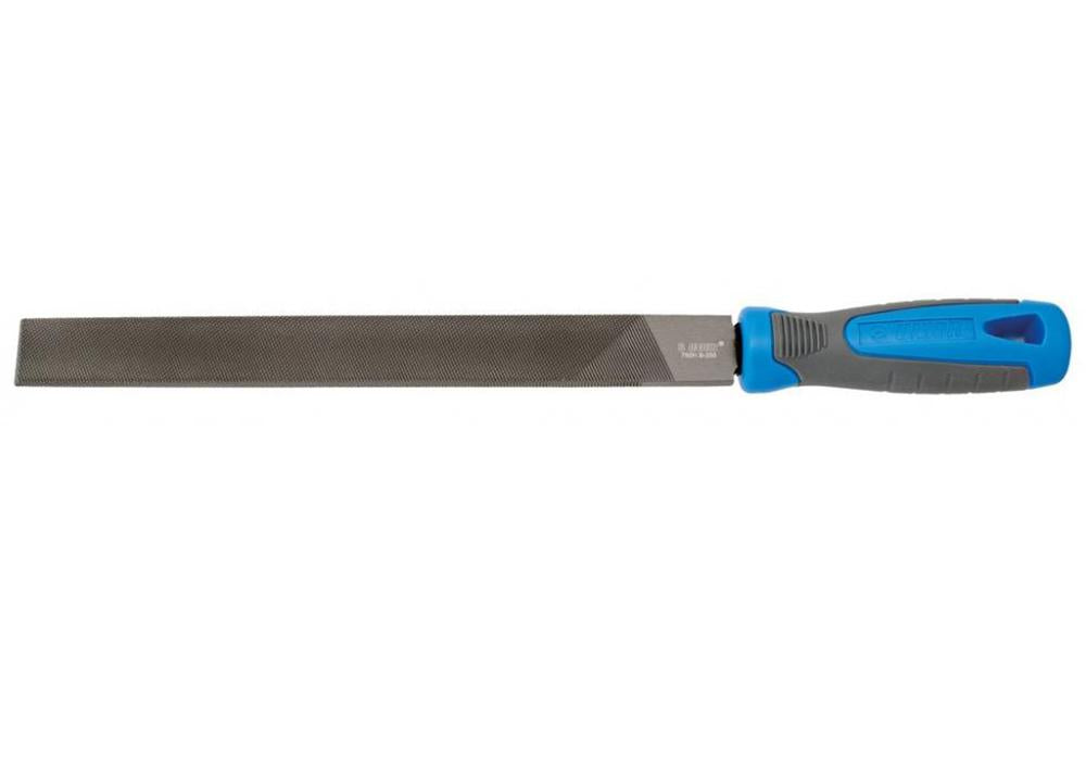 Unior Flachfeile mit blau-grauem Griff und halbfeiner Oberfläche auf weißem Hintergrund.