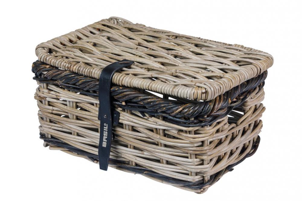 Basil Dijon S Rattan Vorderradkorb grau-schwarz mit Deckel, handgeflochten und robust.