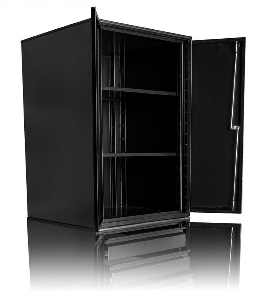 Schwarzer Unior Werkzeugschrank 949.1-BLACK mit offener Tür und Regalböden.