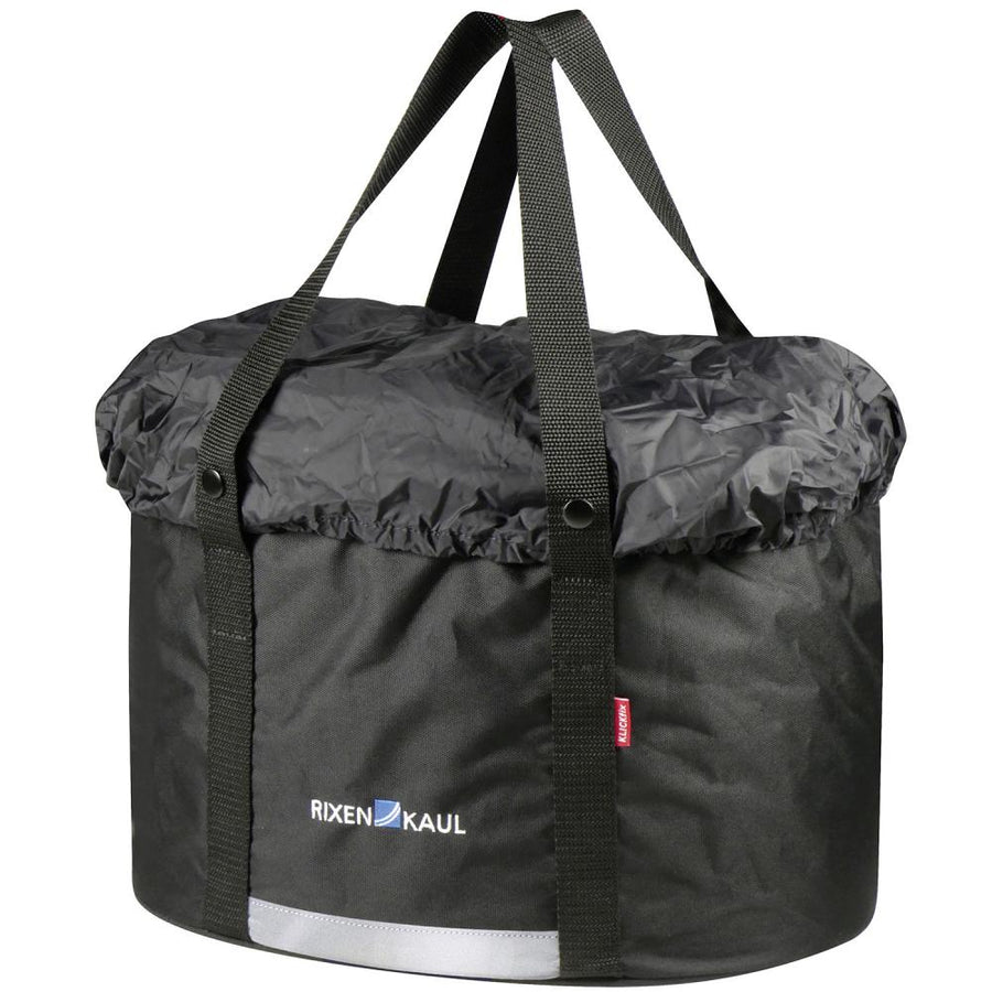 KLICKfix Shopper-Plus Lenkertasche schwarz mit Tragegriffen, Kordelzug und Reflektorband.
