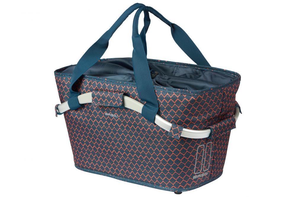Basil Flair Carry All MIK 22L navy Fahrrad-Hinterradkorb mit Rautenmuster, Kordelverschluss und Tragegriffen.