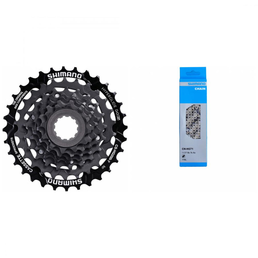 Shimano Fahrrad Antriebsset mit CS-HG200 7-fach Kassette (12-32Z) und CN-HG71 6/7/8-fach Kette (116 Glieder).
