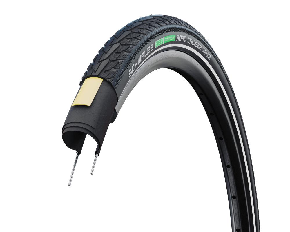 Schwalbe Road Cruiser 16x1.75 47-305 Reifen schwarz Reflex HS484 Draht mit Querschnitt-Detail des Reifenaufbaus.