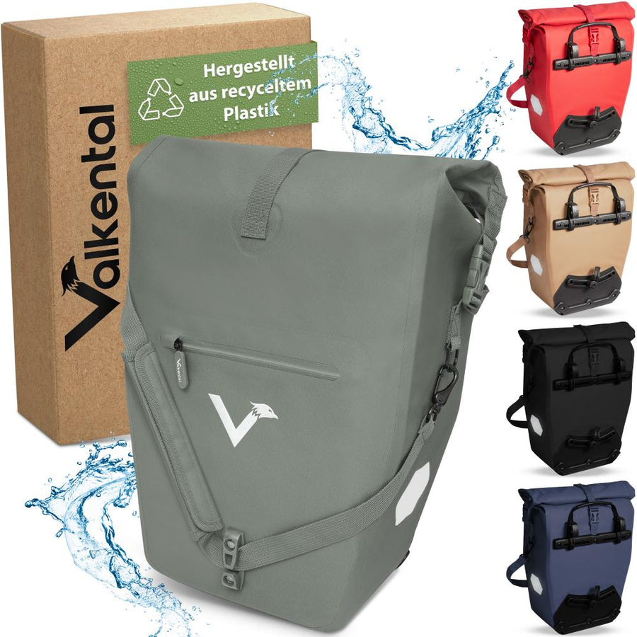 Valkental Gepäckträgertasche ValkOcean Seegras aus Recycling-Plastik in Grau und weiteren Farben mit Verpackung.