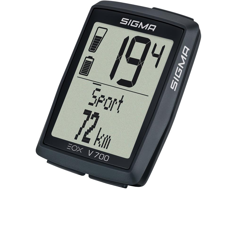 Sigma EOX VIEW 700 E-Bike-Computer, schwarz, mit beleuchtetem Display zeigt 194, Sport, 72 km und Batteriestatus.